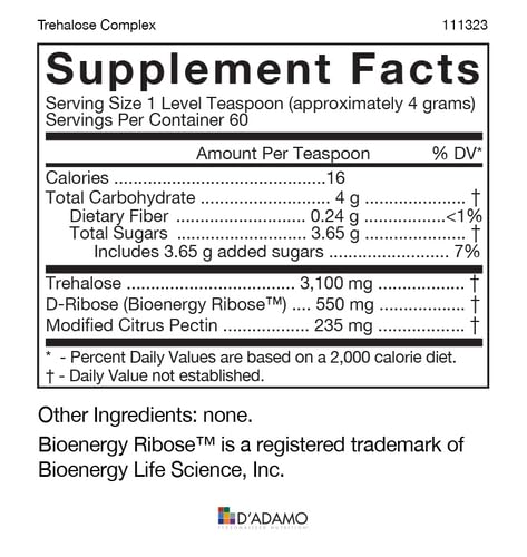 Nutrition Facts panel for Trehalose Complex 240 g