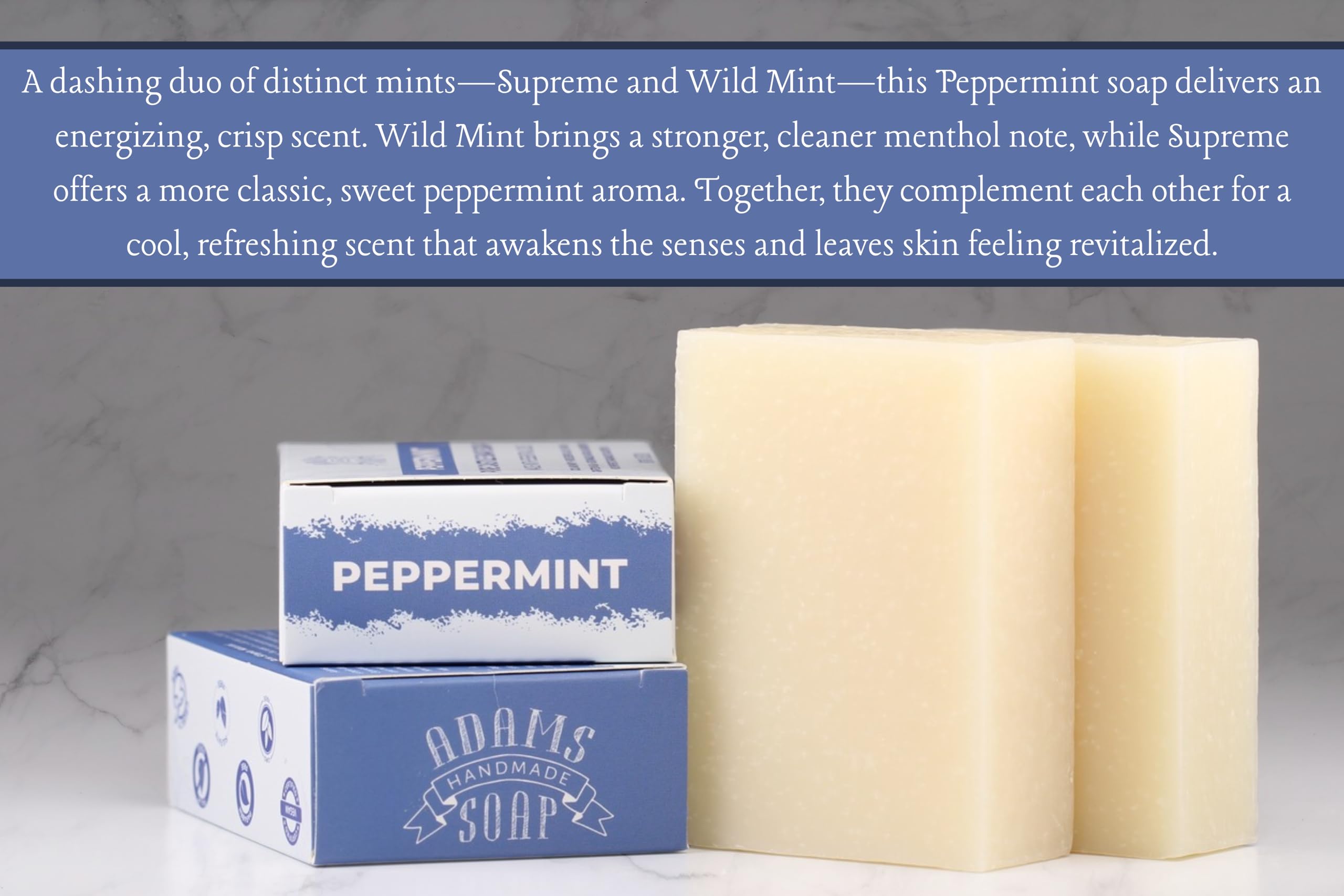 Adams Handmade Soap Peppermint Pure Castile bar ingredients highlight vegan, fair trade oils.