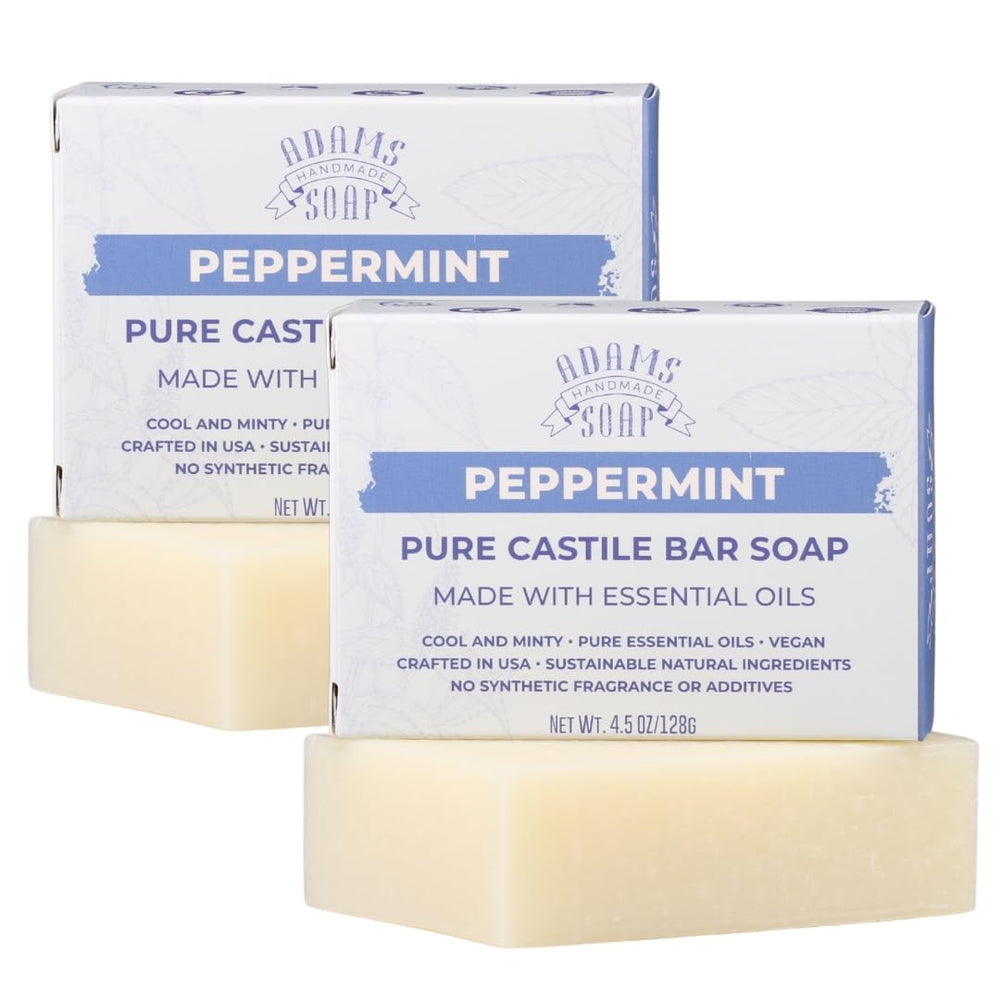 Adams Handmade Soap Peppermint Pure Castile bar lather close-up shows a refreshing cleanse.