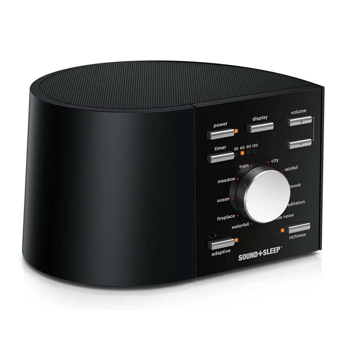 Sound+Sleep front panel shows intuitive controls for quick timer access at bedtime.