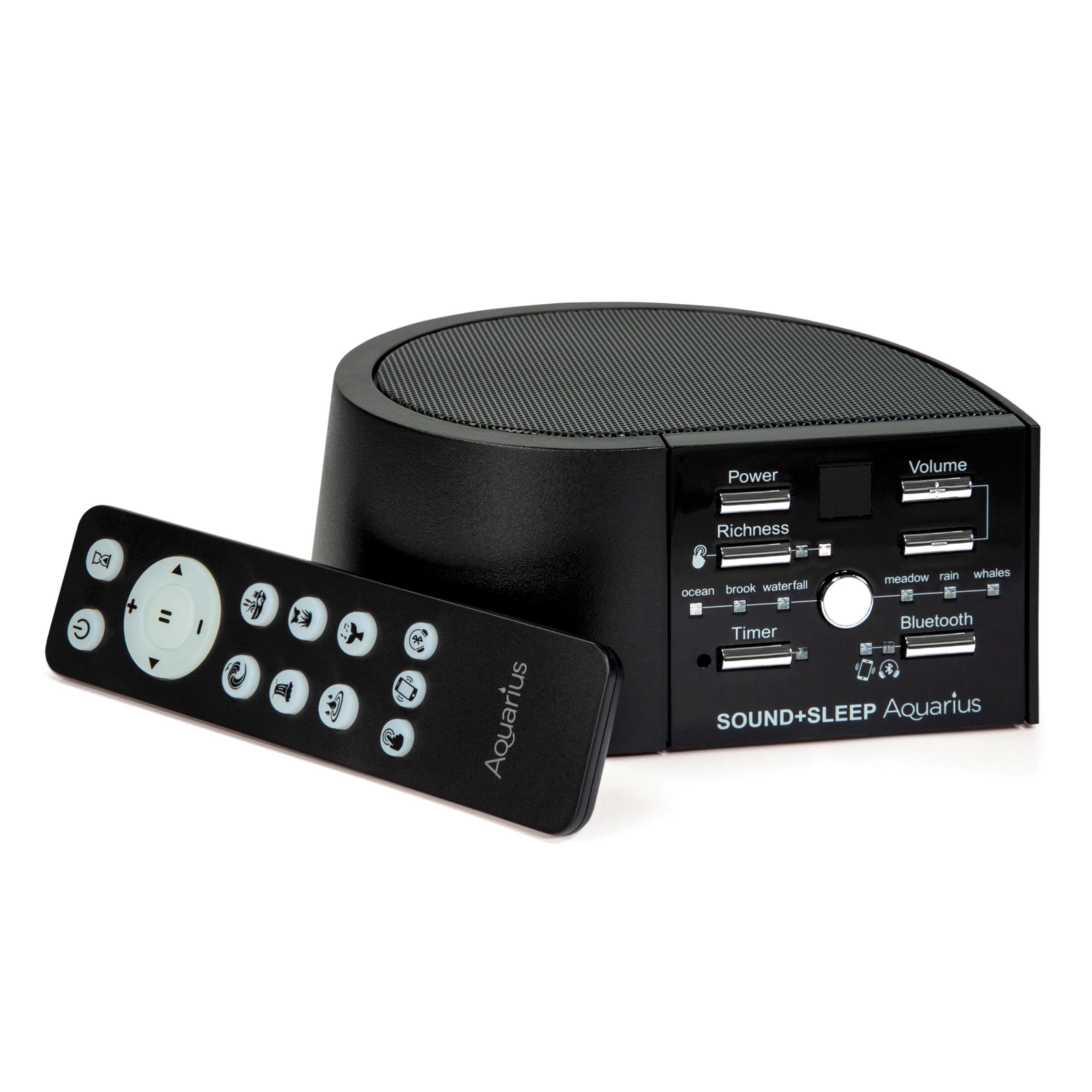 Adaptive Sound Technologies Aquarius aquatic noise machine in black, front view for sleep and relaxation.