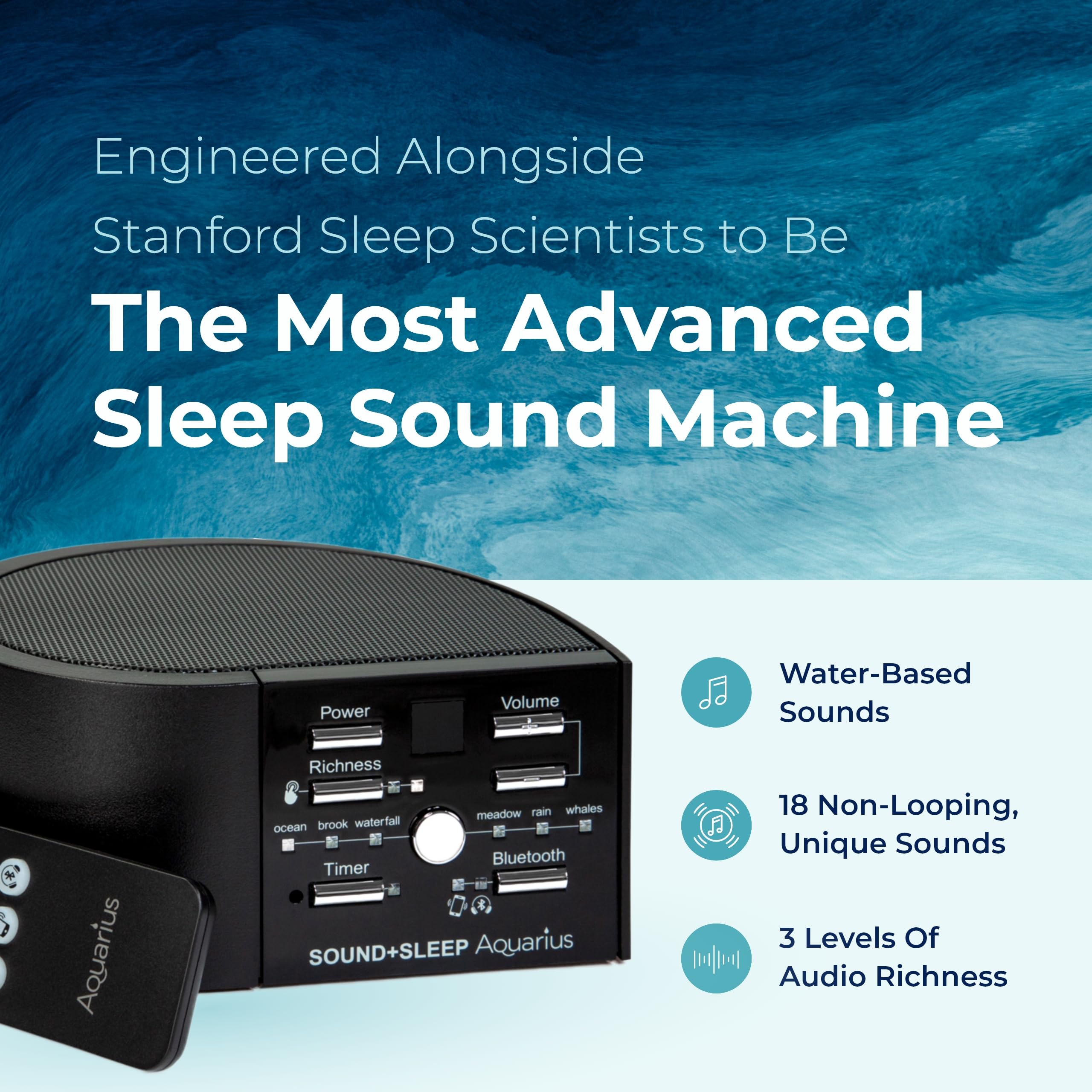 Aquarius remote control shown with Aquarius aquatic noise machine for easy bedtime control.