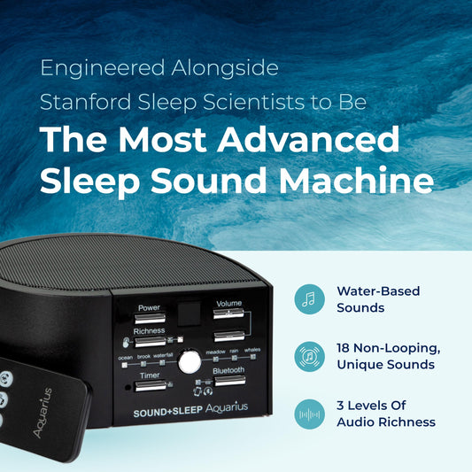 Aquarius remote control shown with Aquarius aquatic noise machine for easy bedtime control.