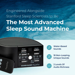 Aquarius remote control shown with Aquarius aquatic noise machine for easy bedtime control.