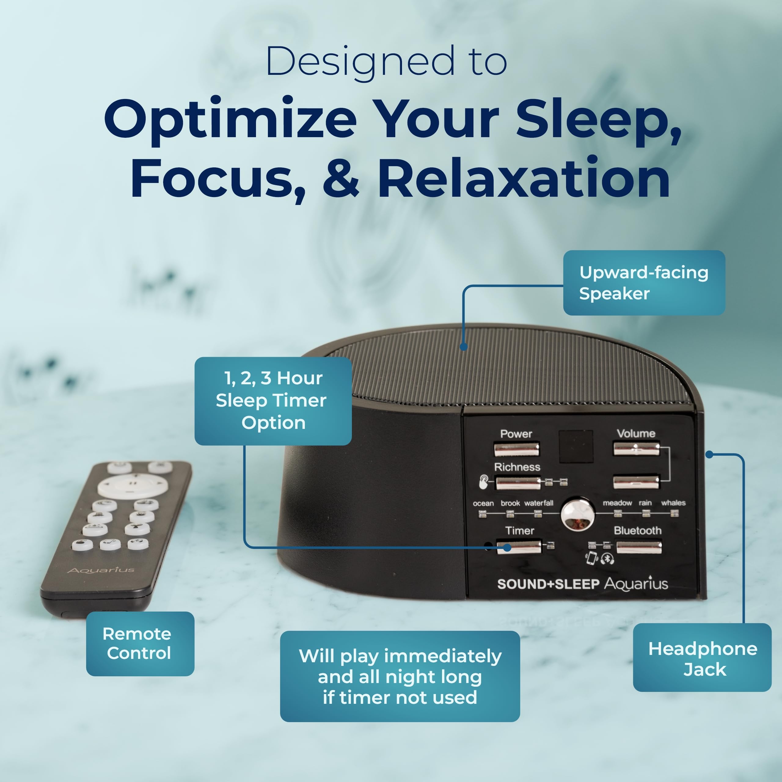 Aquarius timer interface detail showing gentle fade-out option for bedtime routines.