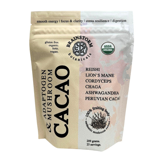 Adaptogen & Mushroom Cacao bottle on wooden surface