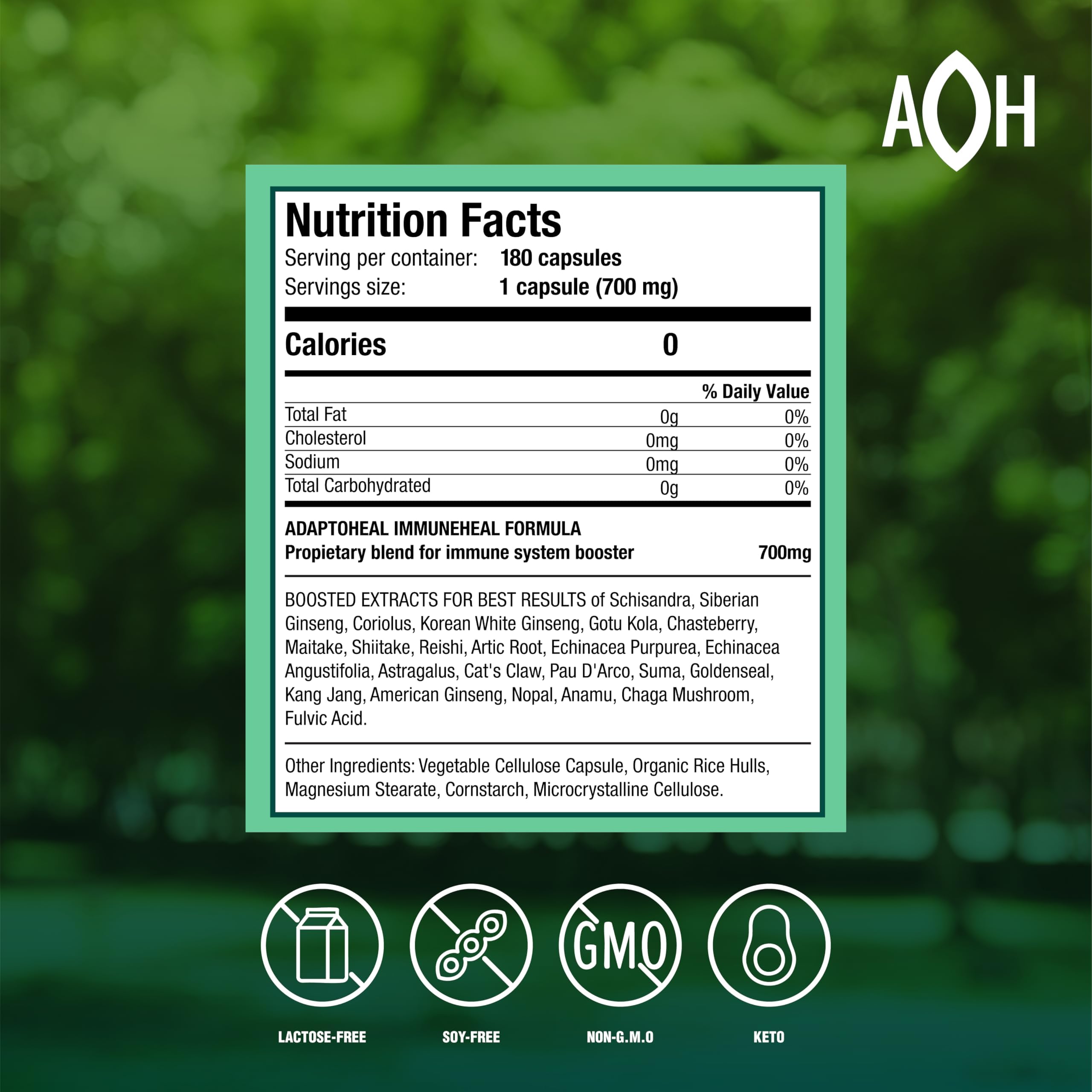 ADAPTOHEAL Immuneheal bottle back reveals ingredients and usage guidance for informed supplementation