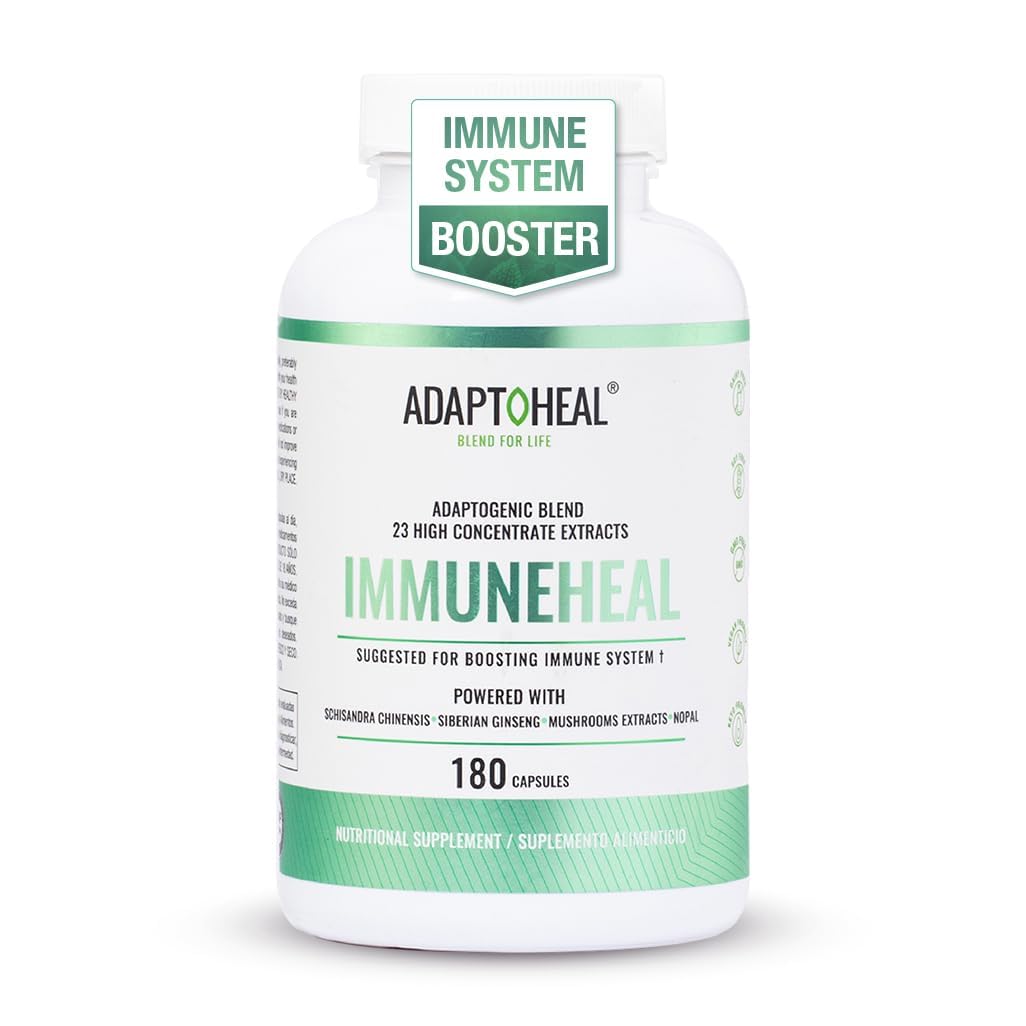 ADAPTOHEAL Immuneheal bottle front shows modern packaging for daily immune support