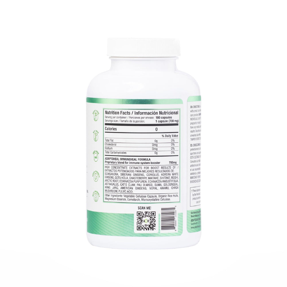 ADAPTOHEAL Immuneheal label detail shows key benefits and product credentials