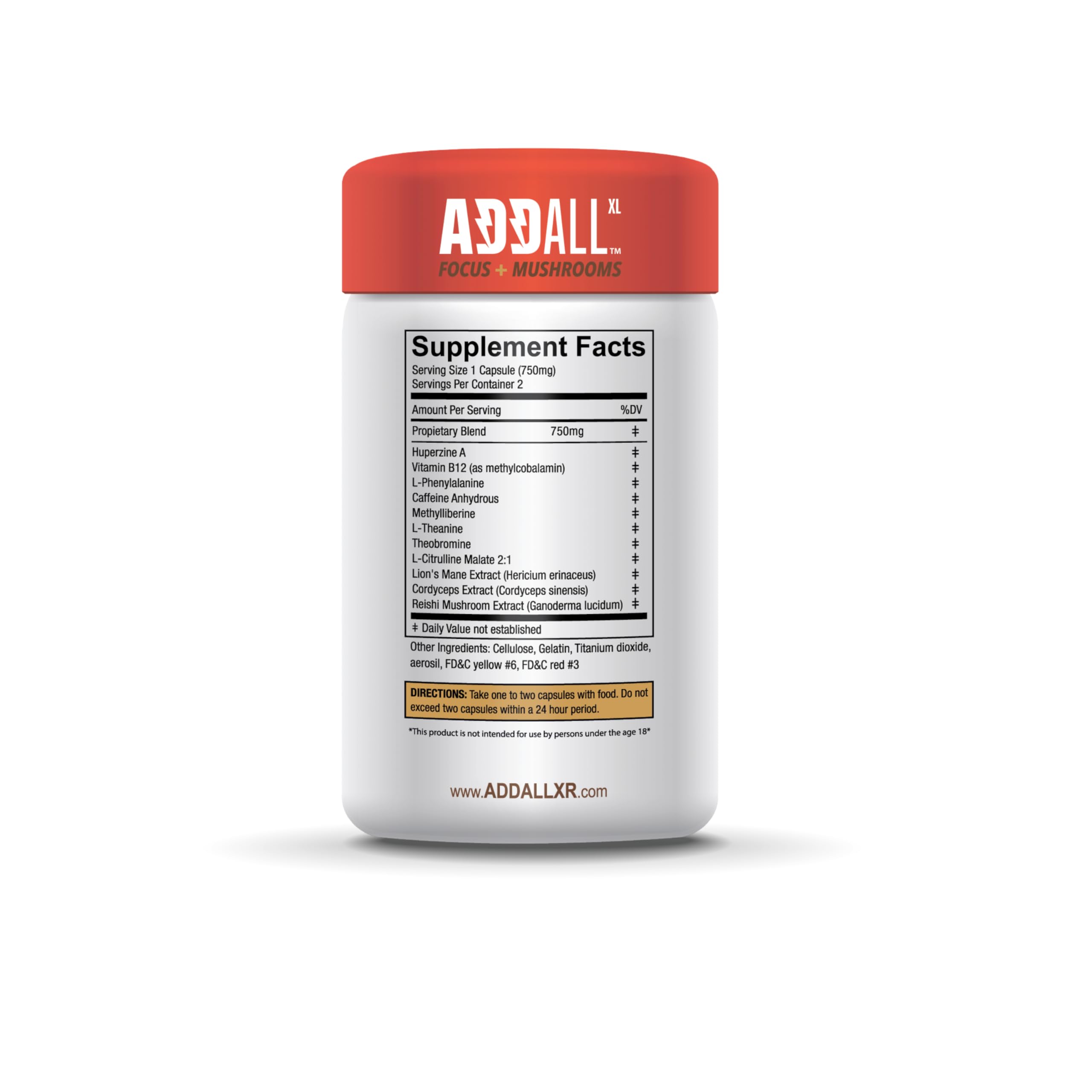 Close-up of Addall Focus + Mushrooms Memory Supplement bottle