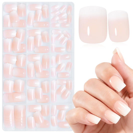AddFavor ombre short square nails with nude-to-white gradient for easy at-home manicures.