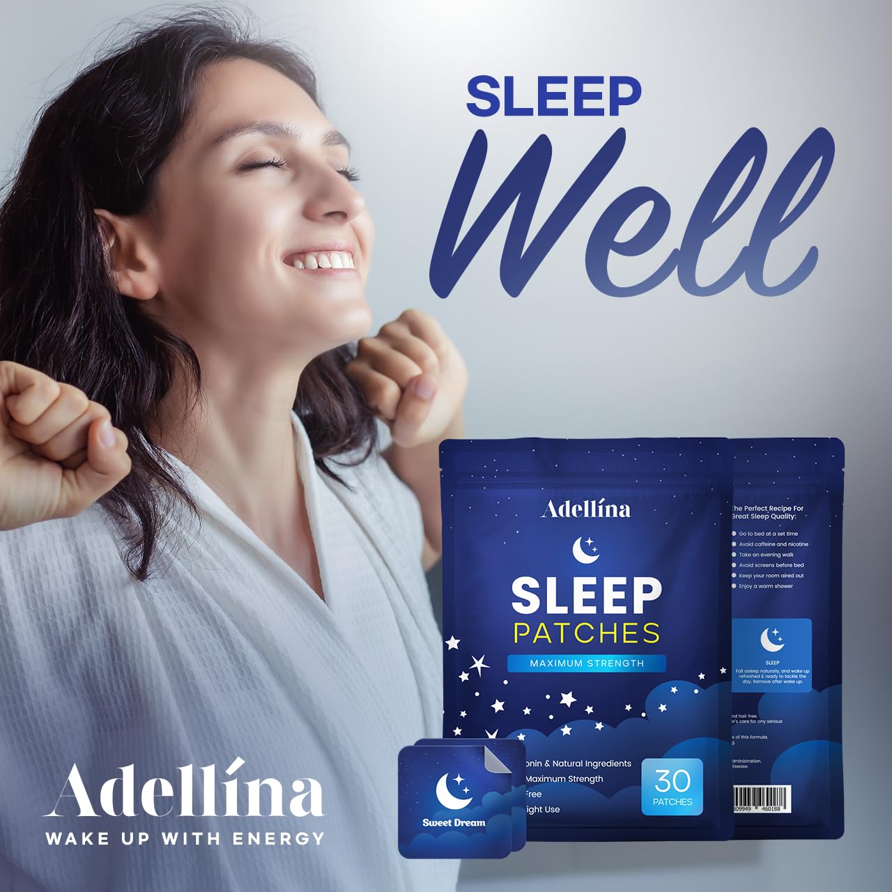 Person waking up refreshed after using Adellina Sleep Patches