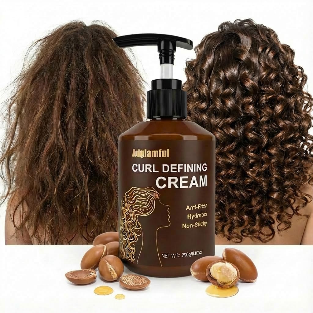 Adglamful Curl Defining Cream bottle shows frizz-free, defined curls.