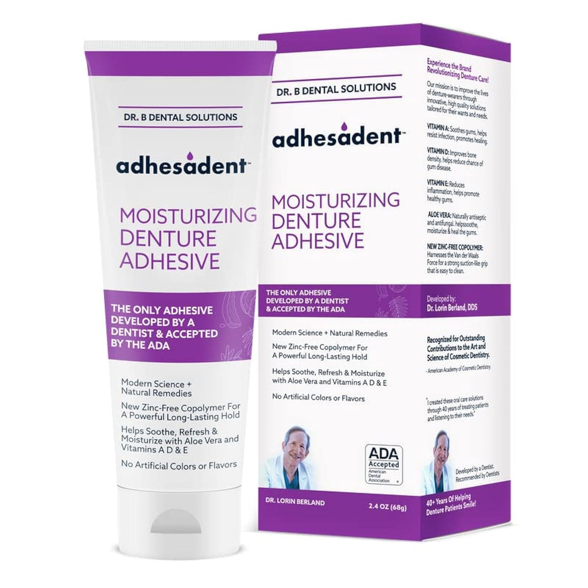 Front view of Adhesadent Moisturizing Denture Adhesive 2-Pack packaging