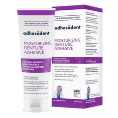 Front view of Adhesadent Moisturizing Denture Adhesive 2-Pack packaging