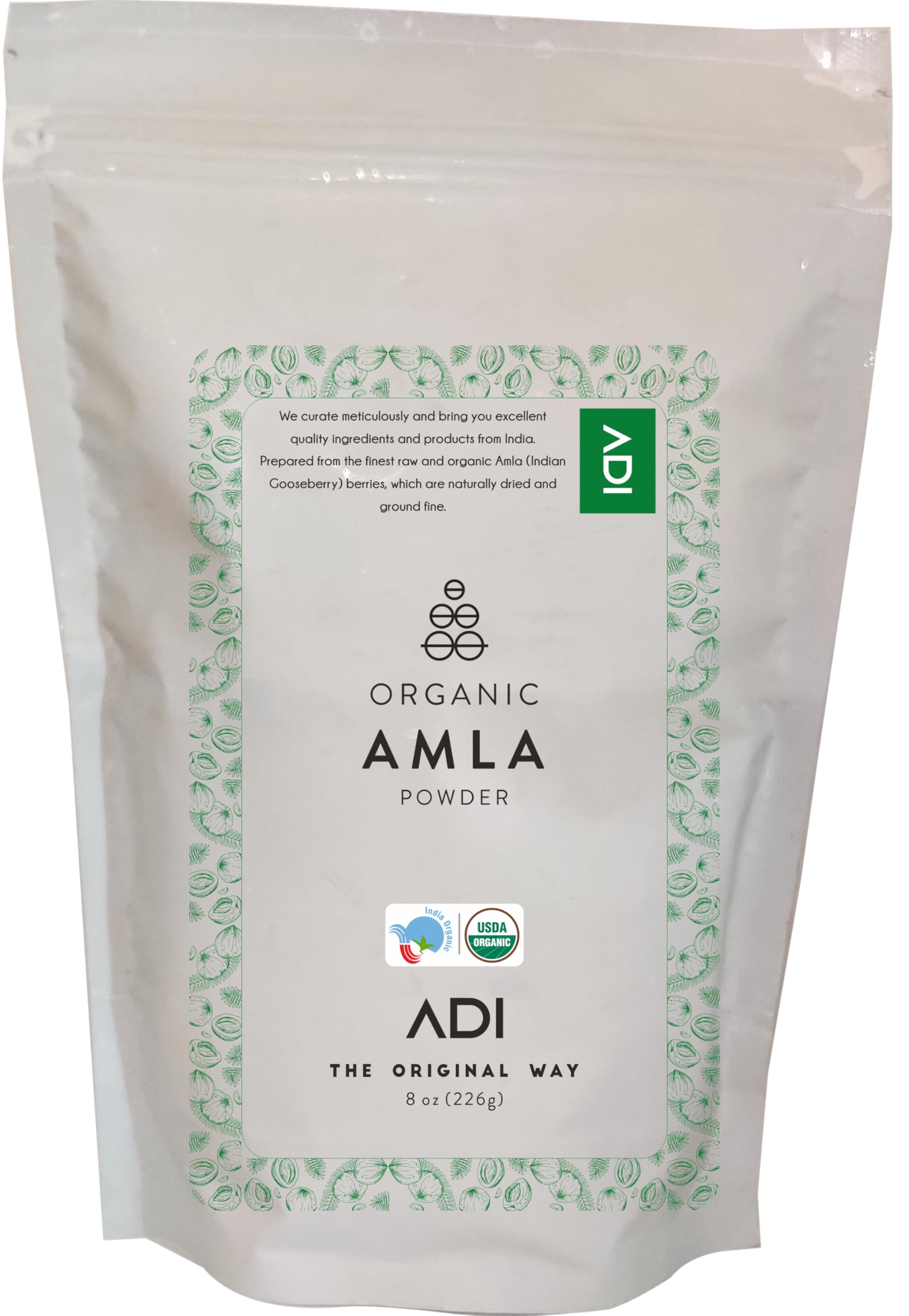 Front view of ADI Organic Amla Powder 8oz jar