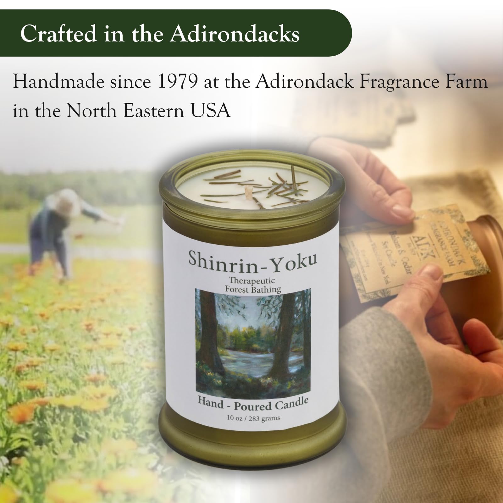Adirondack Shinrin Yoku candle packaging box display for gifting.