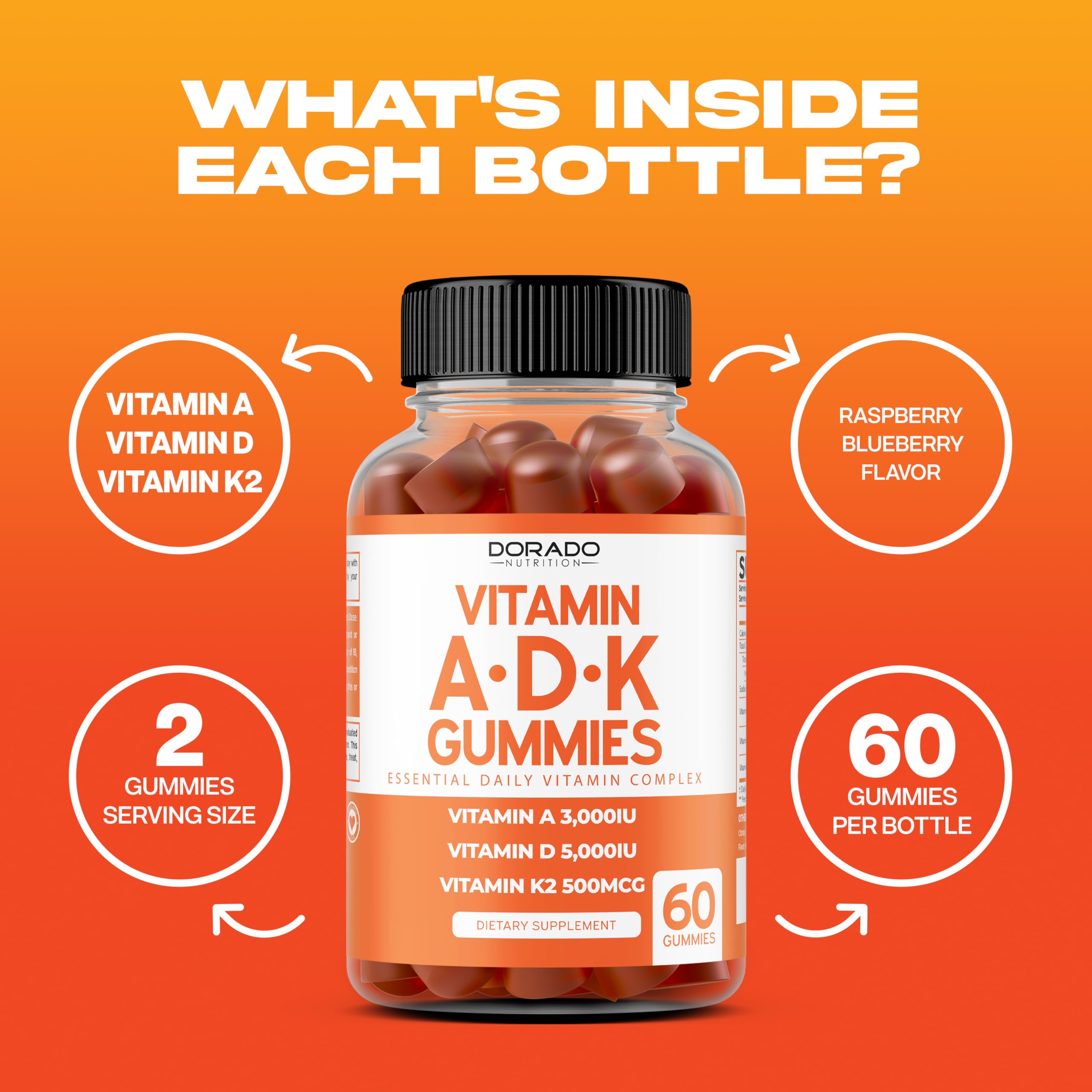 Label front of ADK Gummies Vitamin D3 K2 bottle