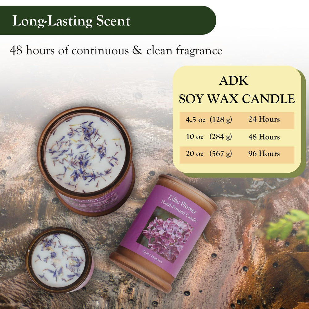 ADK Lilac Scented Candle 10oz label supports gift-ready presentation.