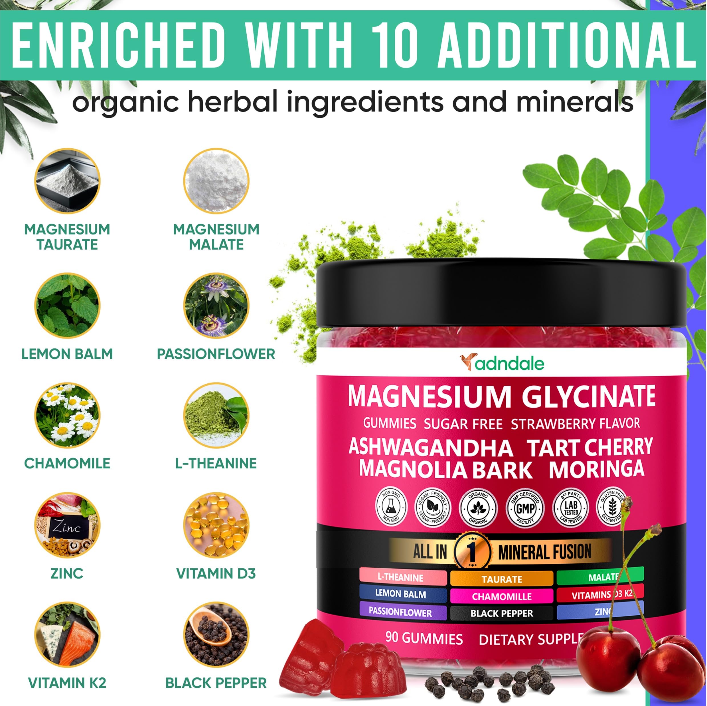 Ashwagandha, Tart Cherry, Magnolia Bark on packaging