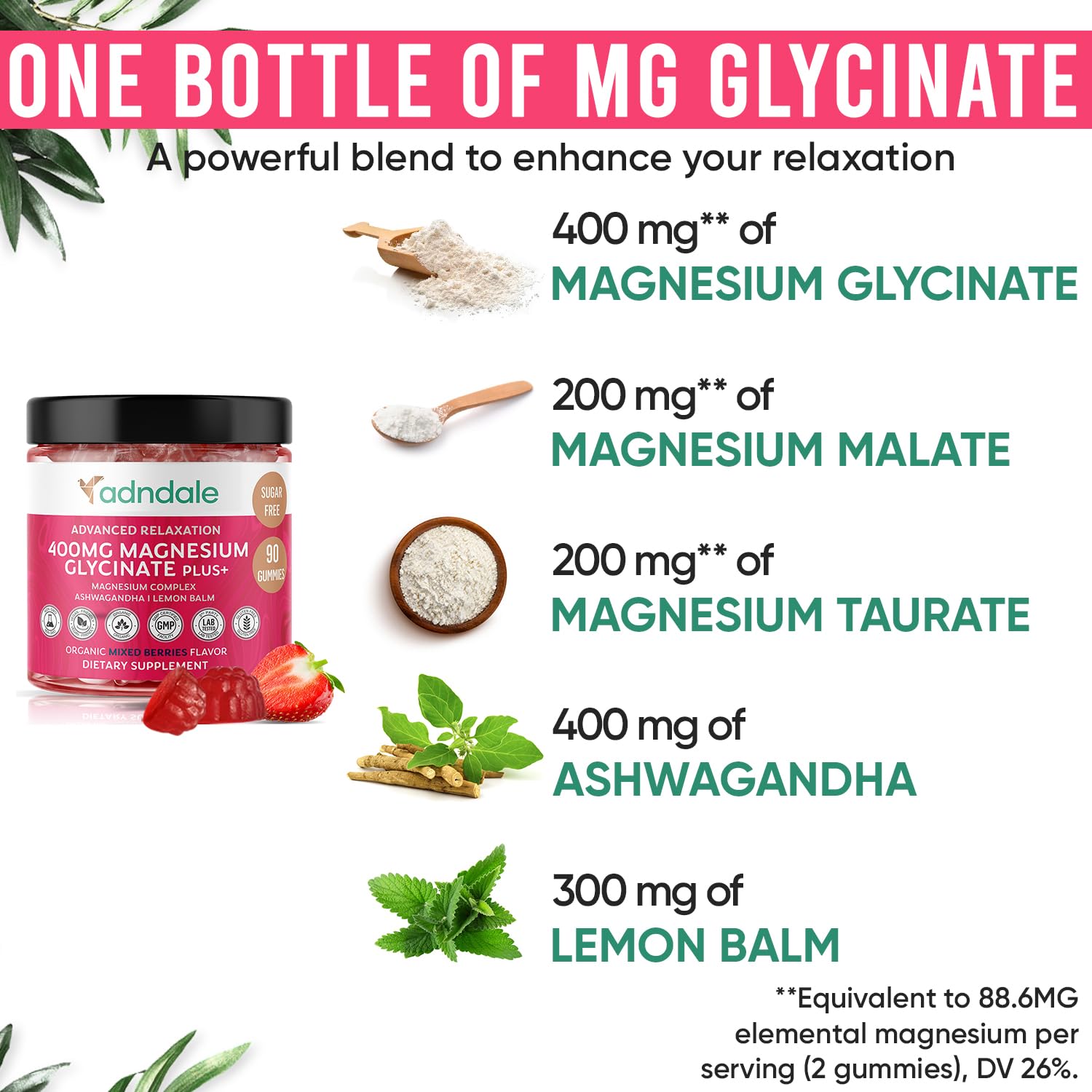 Gummies displaying ingredients highlights including magnesium glycinate, malate and taurate