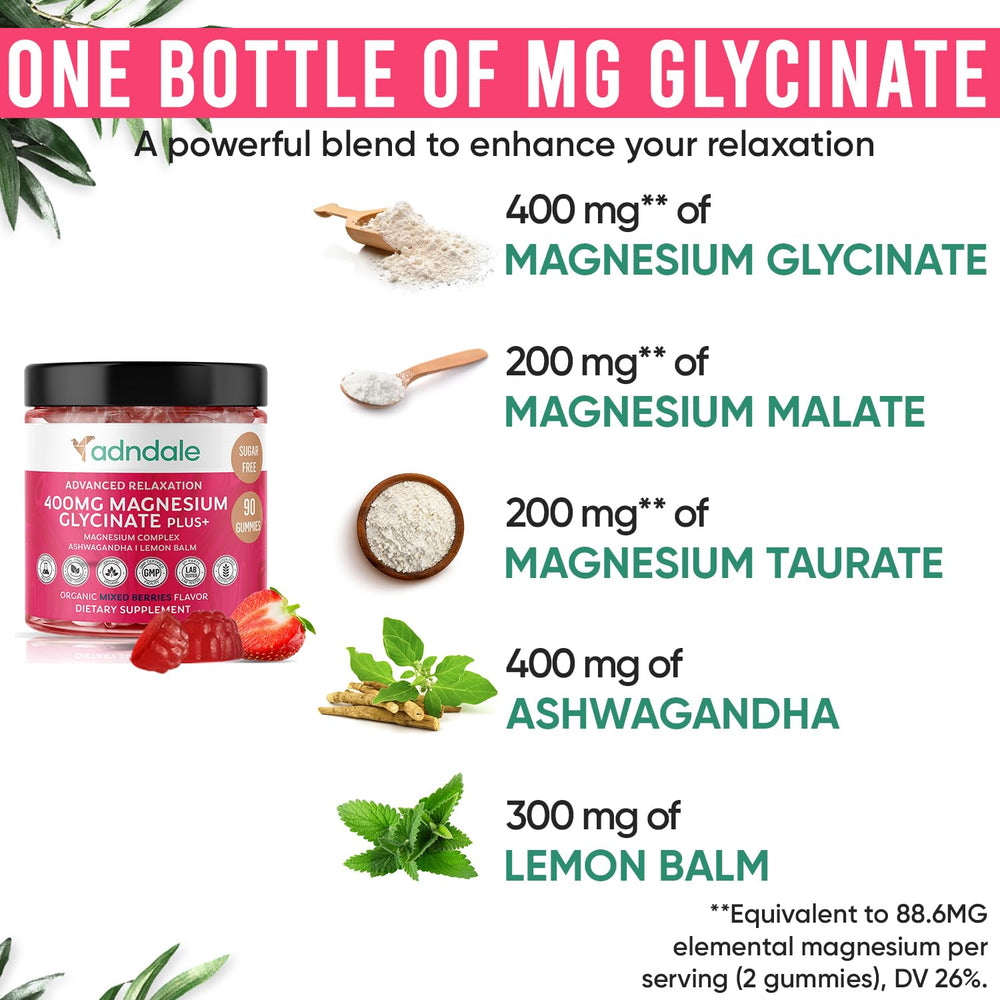 Gummies displaying ingredients highlights including magnesium glycinate, malate and taurate