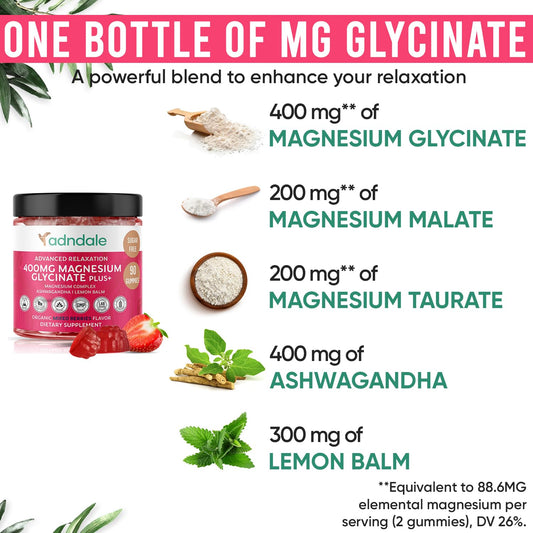 Gummies displaying ingredients highlights including magnesium glycinate, malate and taurate