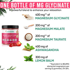 Gummies displaying ingredients highlights including magnesium glycinate, malate and taurate