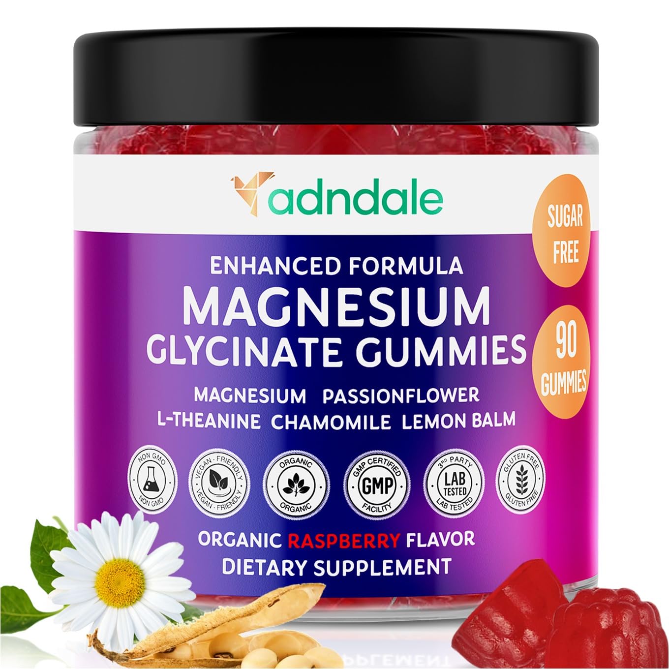 Front view of Adndale Pure Magnesium Glycinate Gummies bottle, 90 count, raspberry flavor.