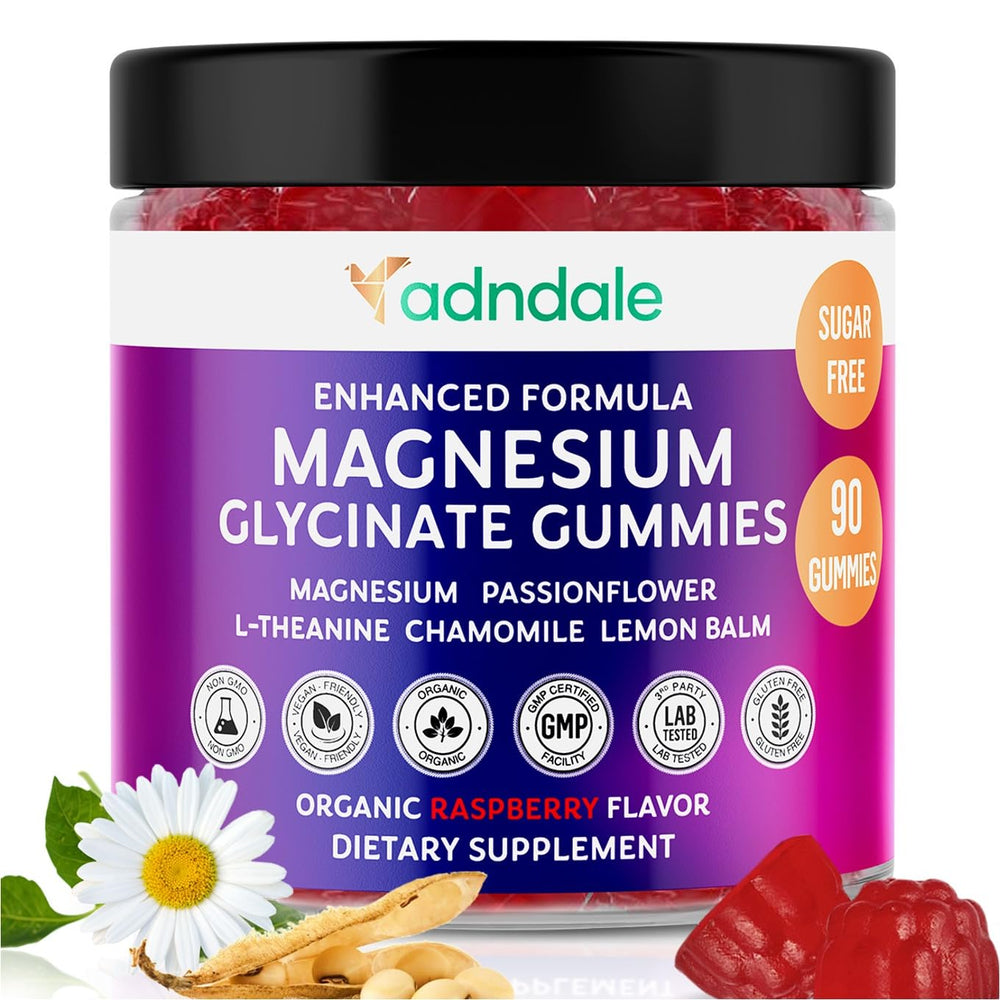 Front view of Adndale Pure Magnesium Glycinate Gummies bottle, 90 count, raspberry flavor.