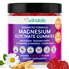Front view of Adndale Pure Magnesium Glycinate Gummies bottle, 90 count, raspberry flavor.