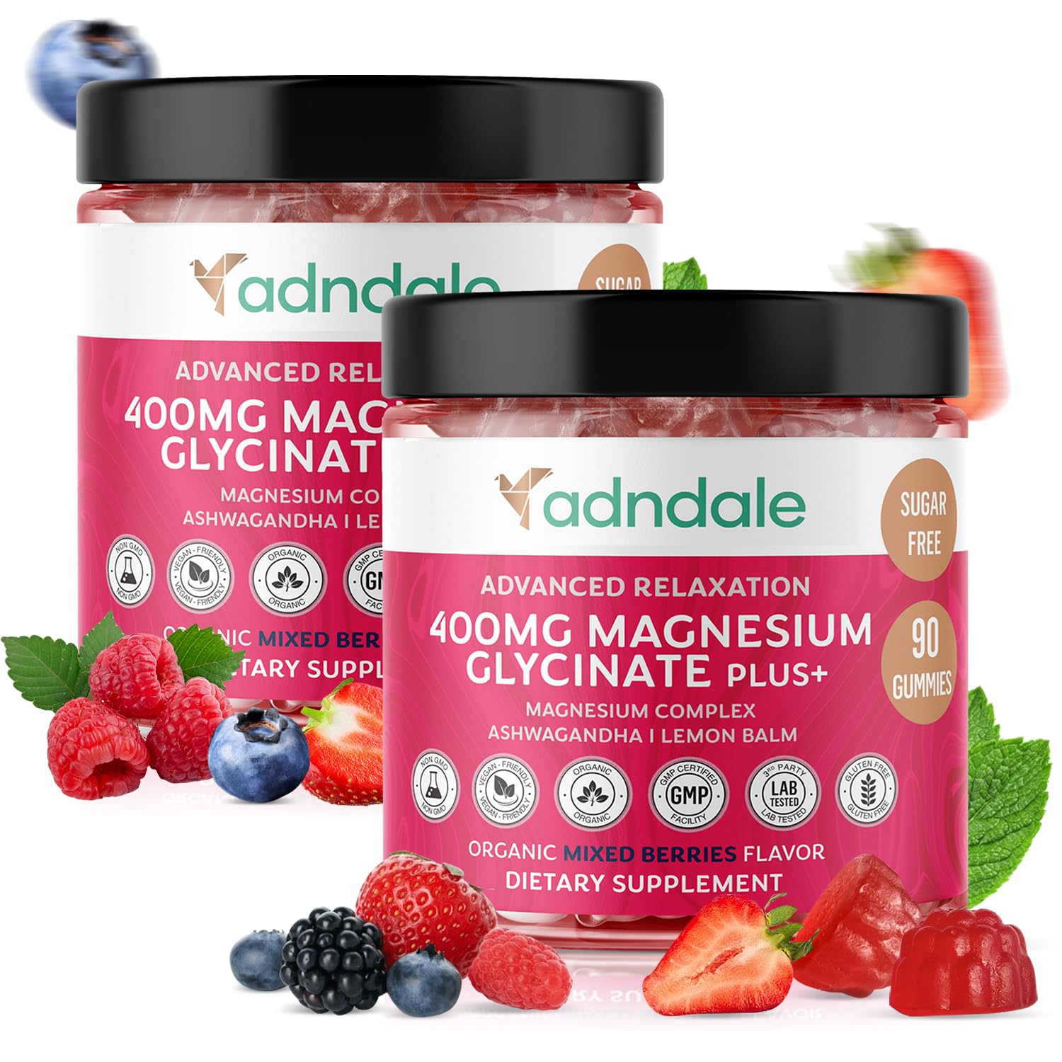 Adndale magnesium glycinate gummies bottle highlights mixed berry flavor for gentle relaxation.