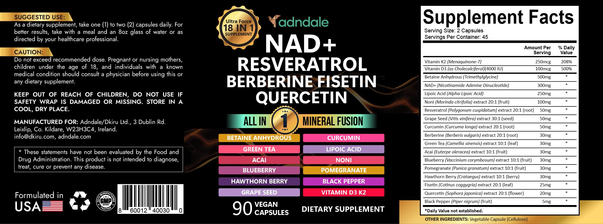 90-count bottle of Adndale NAD Resveratrol supplement