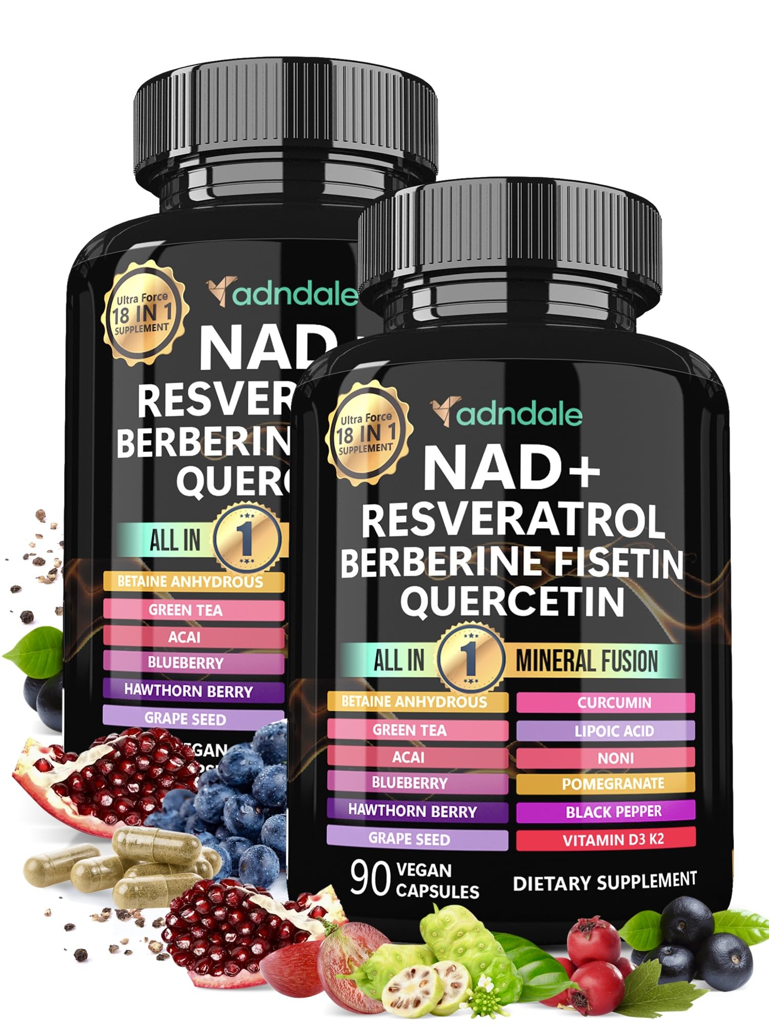 Adndale NAD supplement bottle with capsules promoting daily energy support and vitality.