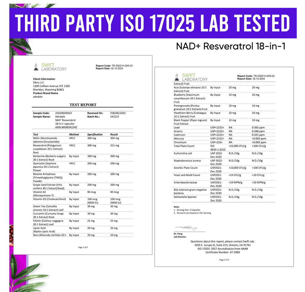 Adndale NAD supplement ingredients label reveals NAD+, resveratrol, and quercetin blend.