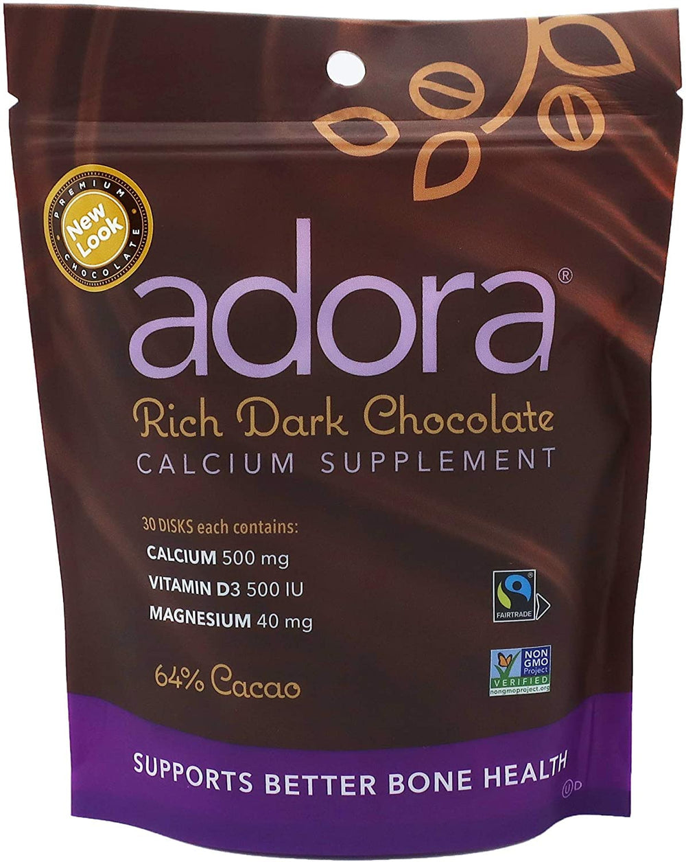 Adora Calcium Supplement Dark Chocolate front view - 30 count box, pack of 6