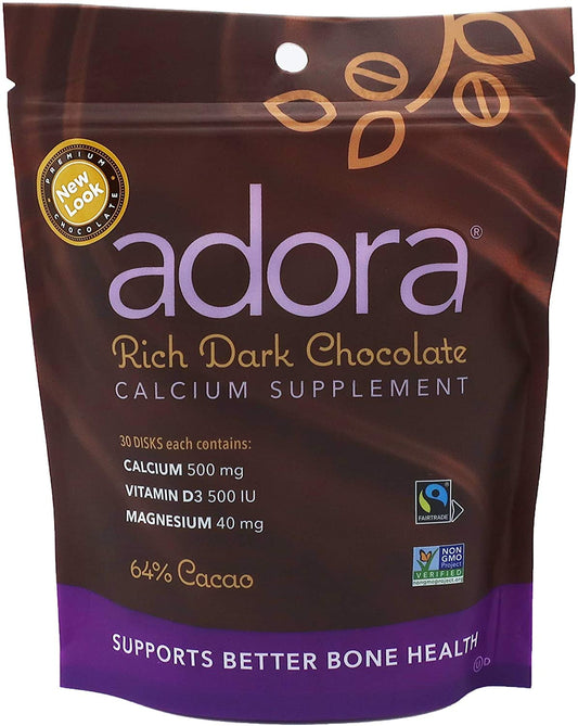 Adora Calcium Supplement Dark Chocolate front view - 30 count box, pack of 6