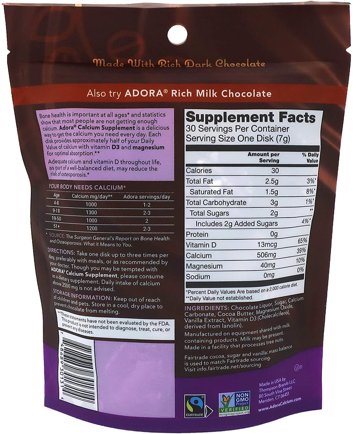 Close-up of Adora Organic Chocolate Supplement label showing Vitamin D, Calcium, Magnesium