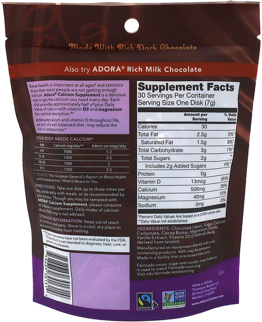Close-up of Adora Organic Chocolate Supplement label showing Vitamin D, Calcium, Magnesium