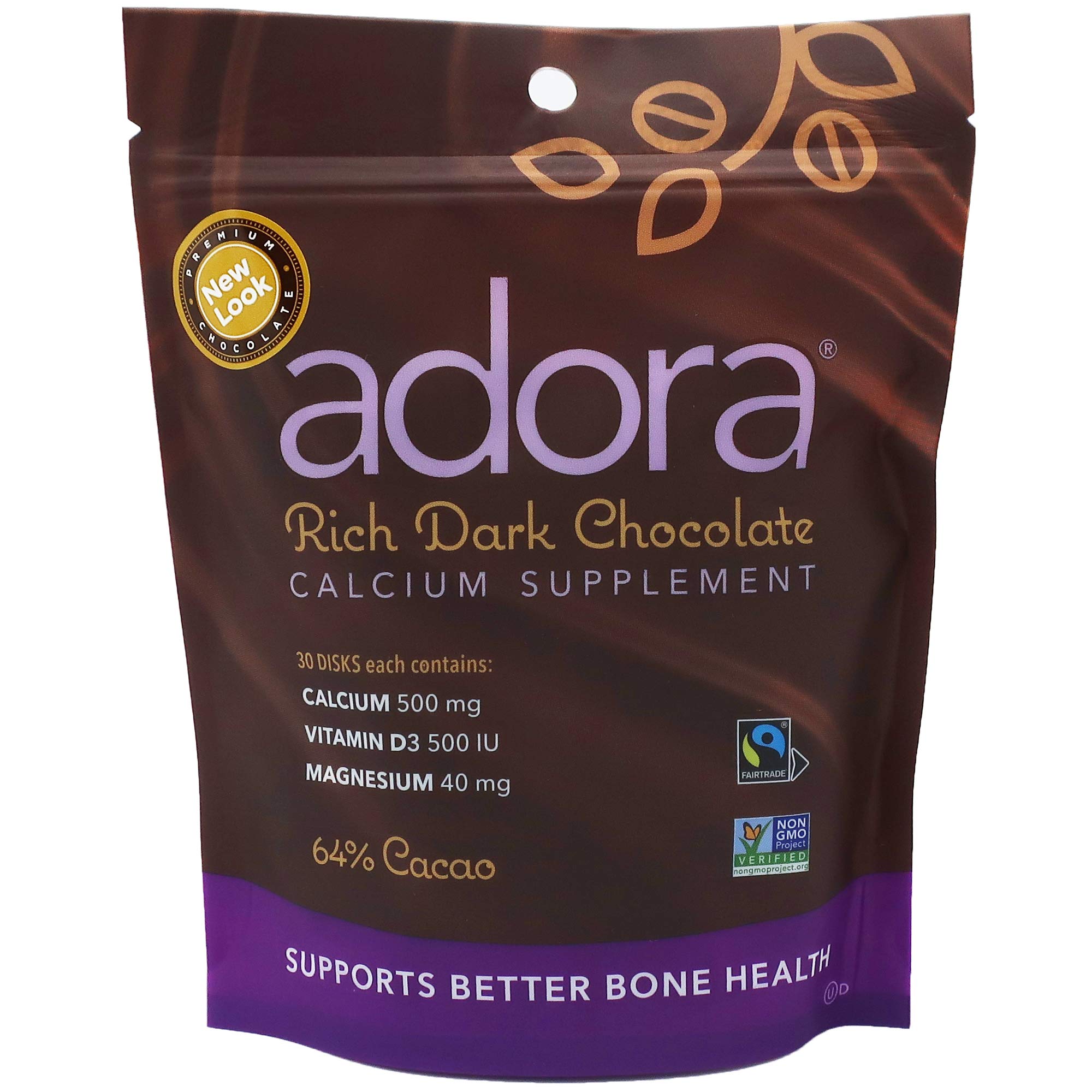 Adora Calcium Supplement Disk – Organic Dark Chocolate, 30-count package