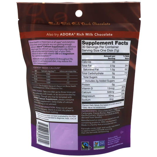 Close-up of Adora Calcium Disk coated in premium organic dark chocolate