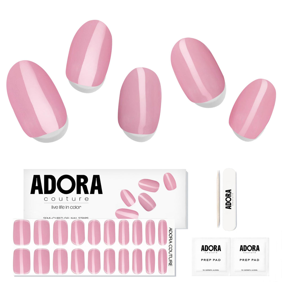Adora Couture Blush Bloom packaging highlights premium semi-cured gel nail strips for at-home manicures.