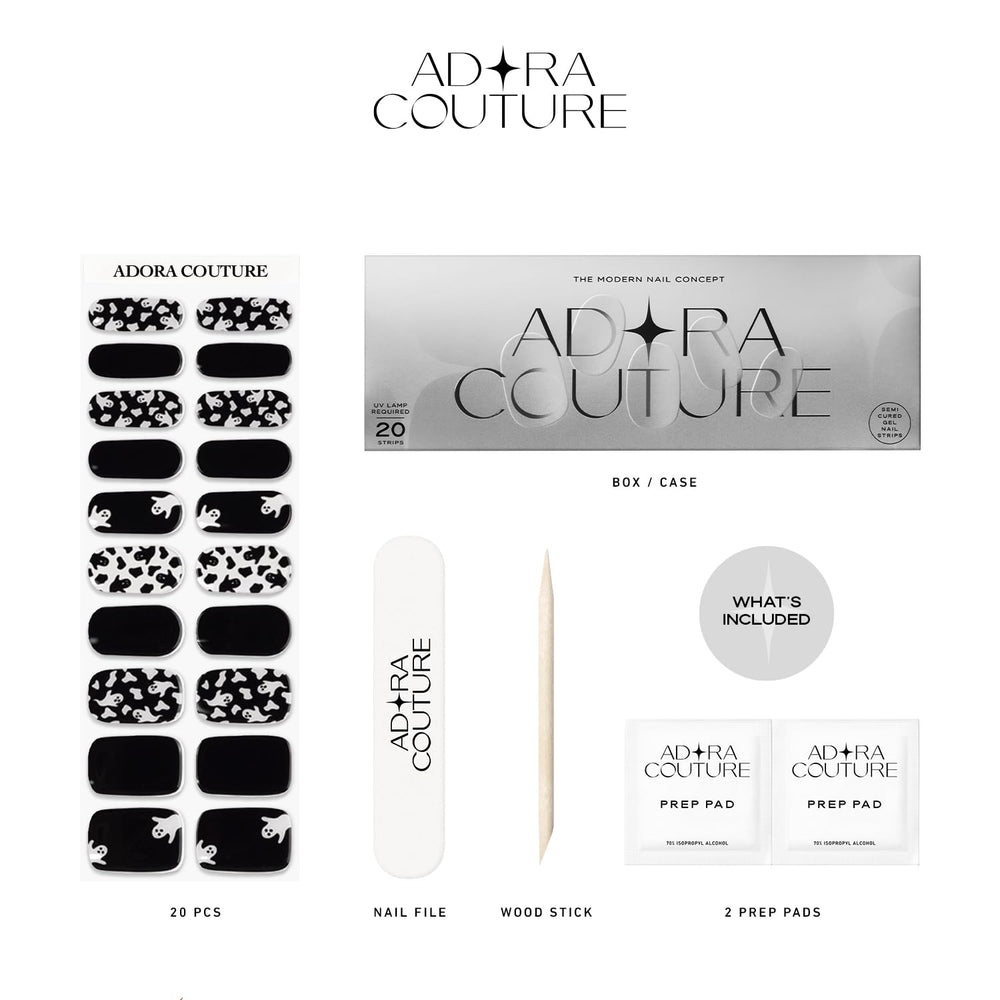Adora Couture application process showing prep, placement, and UV cure steps.
