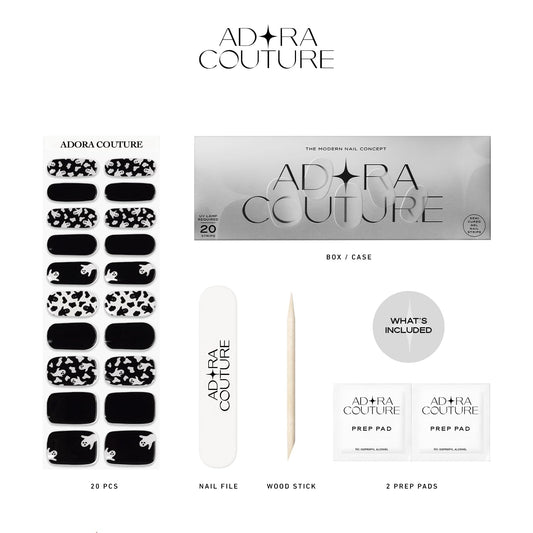 Adora Couture application process showing prep, placement, and UV cure steps.