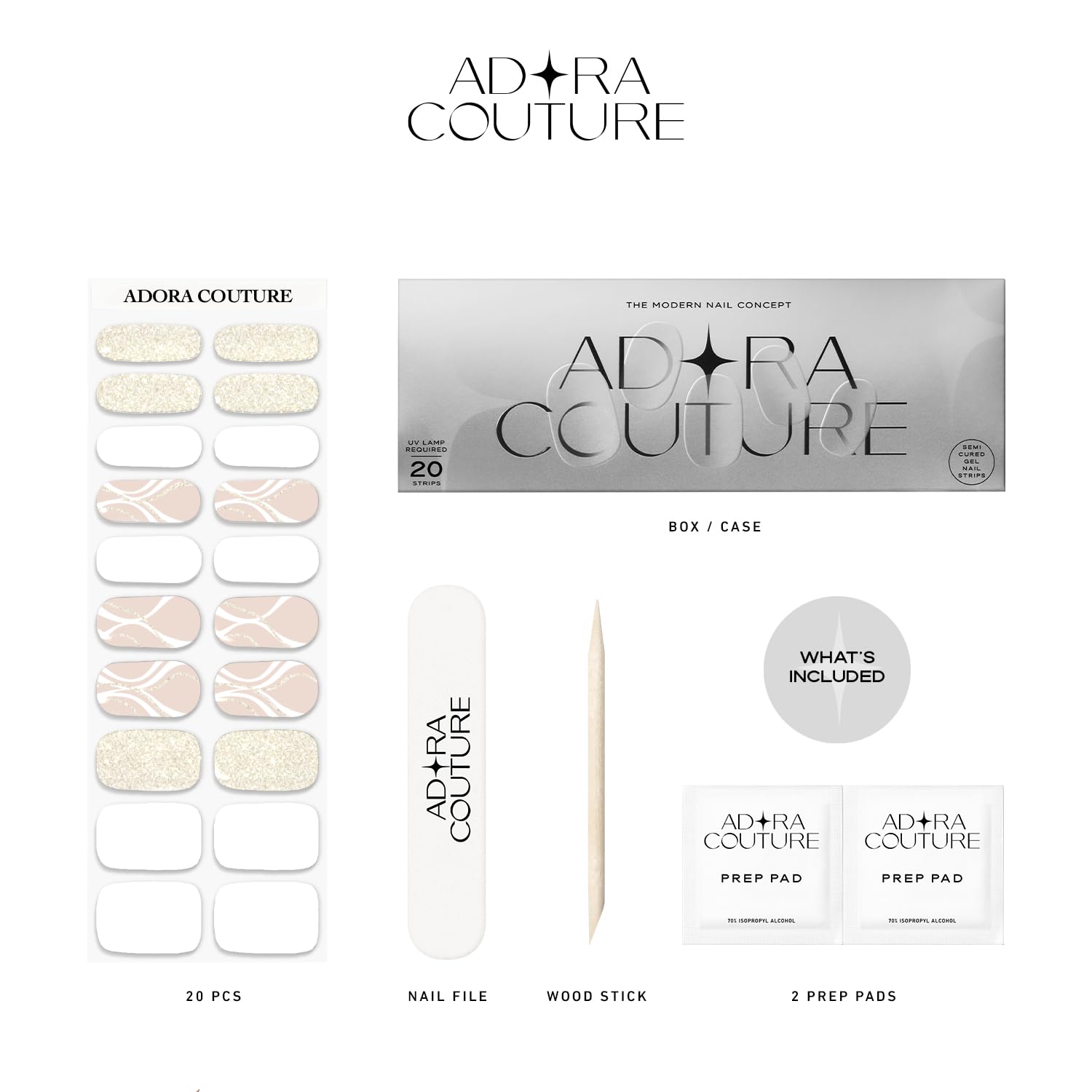 Adora Couture nail file and wooden stick for precise shaping.