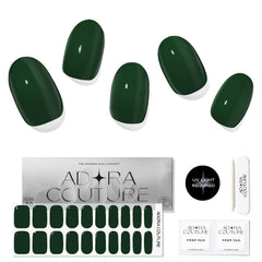 Adora Couture Green Moss gel strip design for a long-lasting salon finish.