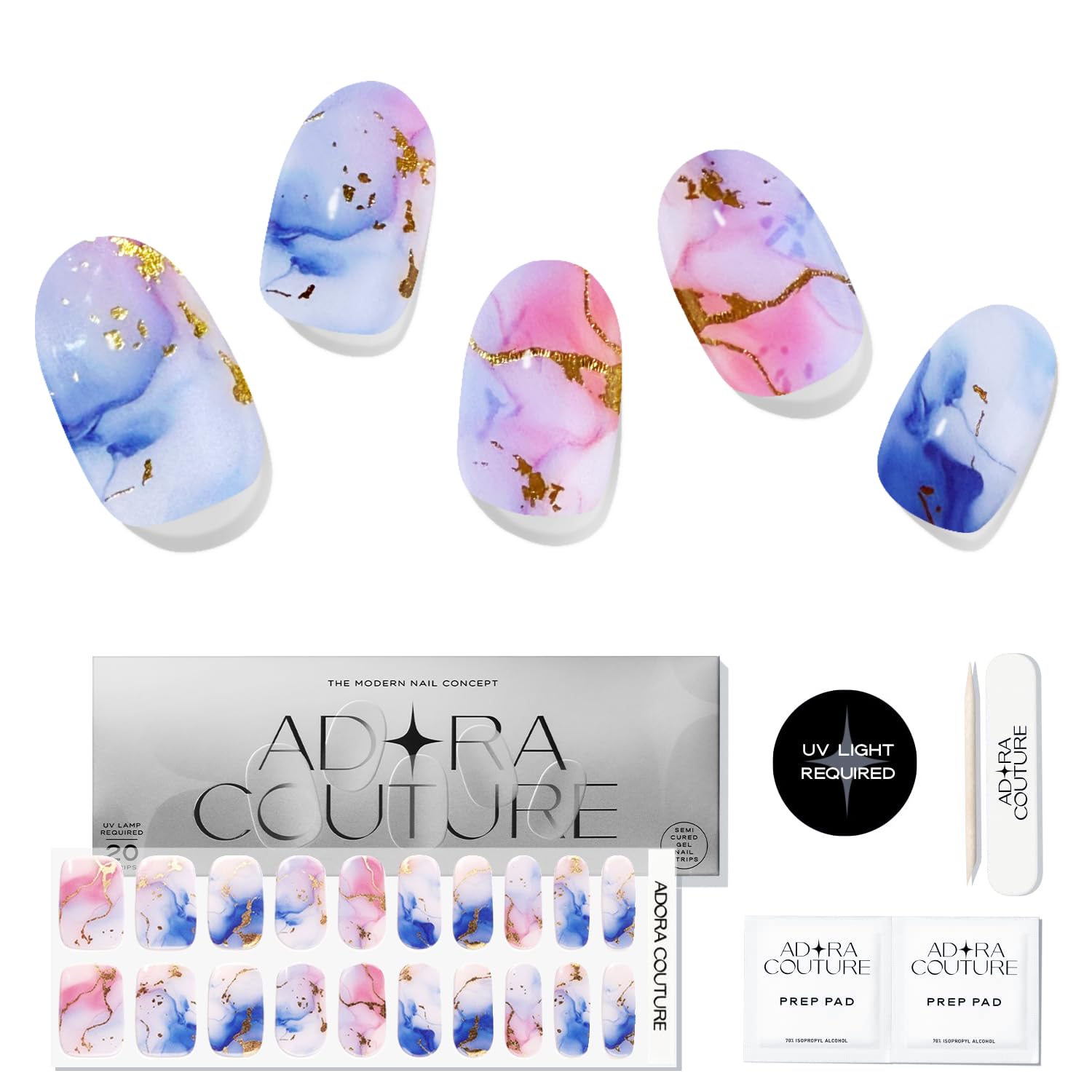 Adora Couture marbled sky gel strips for a long-lasting salon-like finish.