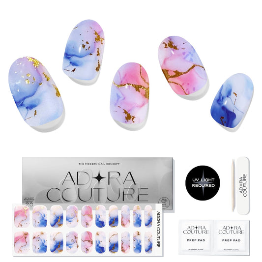 Adora Couture marbled sky gel strips for a long-lasting salon-like finish.