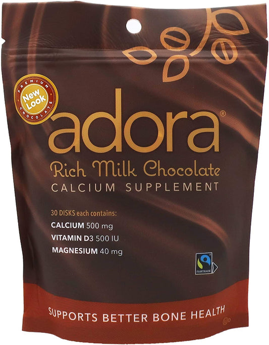 Adora Premium Vitamin D3 Calcium Magnesium Milk Chocolate disk - 30 count package