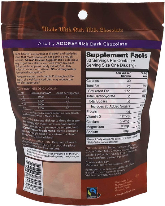 Close-up of Adora Vitamin D3 Calcium Magnesium Milk Chocolate disks